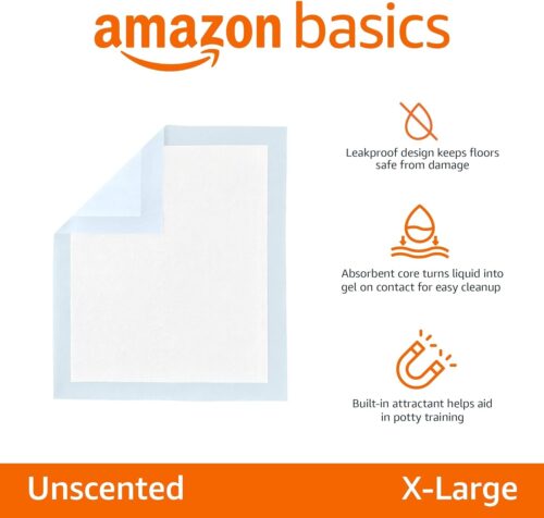 Amazon Basics Dog and Puppy Pee Pads with Leak-Proof Quick-Dry Design for Potty Training, Standard Absorbency, Regular Size, 22 x 22 Inches, Pack of 100, Blue & White - Image 25