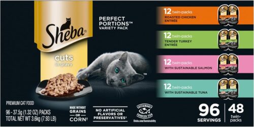 Sheba Perfect Portions Wet Cat Food Cuts in Gravy Variety Pack, Roasted Chicken Entree, With Sustainable Salmon, and Tender Turkey Entree, 2.6 oz. Twin-Pack Trays (24 Count, 48 Servings) - Image 87