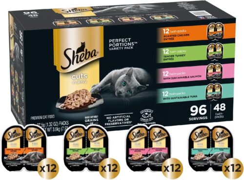 Sheba Perfect Portions Wet Cat Food Cuts in Gravy Variety Pack, Roasted Chicken Entree, With Sustainable Salmon, and Tender Turkey Entree, 2.6 oz. Twin-Pack Trays (24 Count, 48 Servings) - Image 88