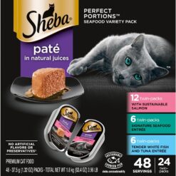 Sheba Perfect Portions Wet Cat Food Pate With Sustainable Salmon, Signature Seafood Entree, and Tender White Fish and Tuna Entree Variety Pack, 2.6 oz. Twin Pack Trays (24 Count, 48 Servings)