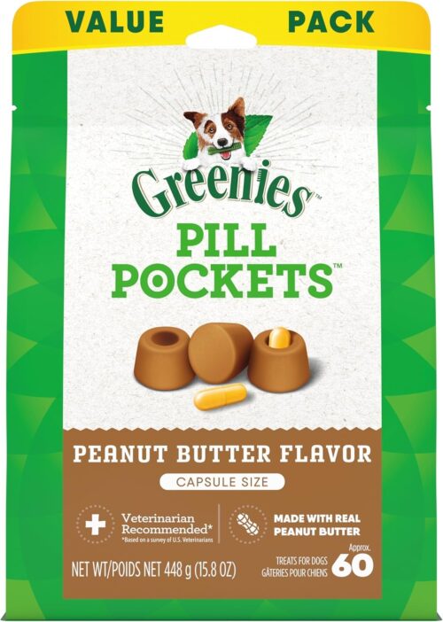 Greenies Pill Pockets Large Size Soft Dog Treats for Capsules, with Real Peanut Butter, Made with Natural Ingredients Plus Minerals & Trace Nutrients, 15.8 oz. (60 Count, Pack of 1)