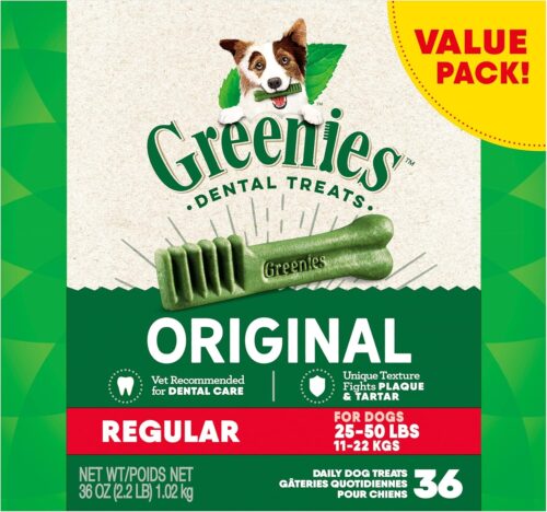 Greenies Original Regular Natural Dog Dental Care Chews Oral Health Dog Treats, (36 Treats)
