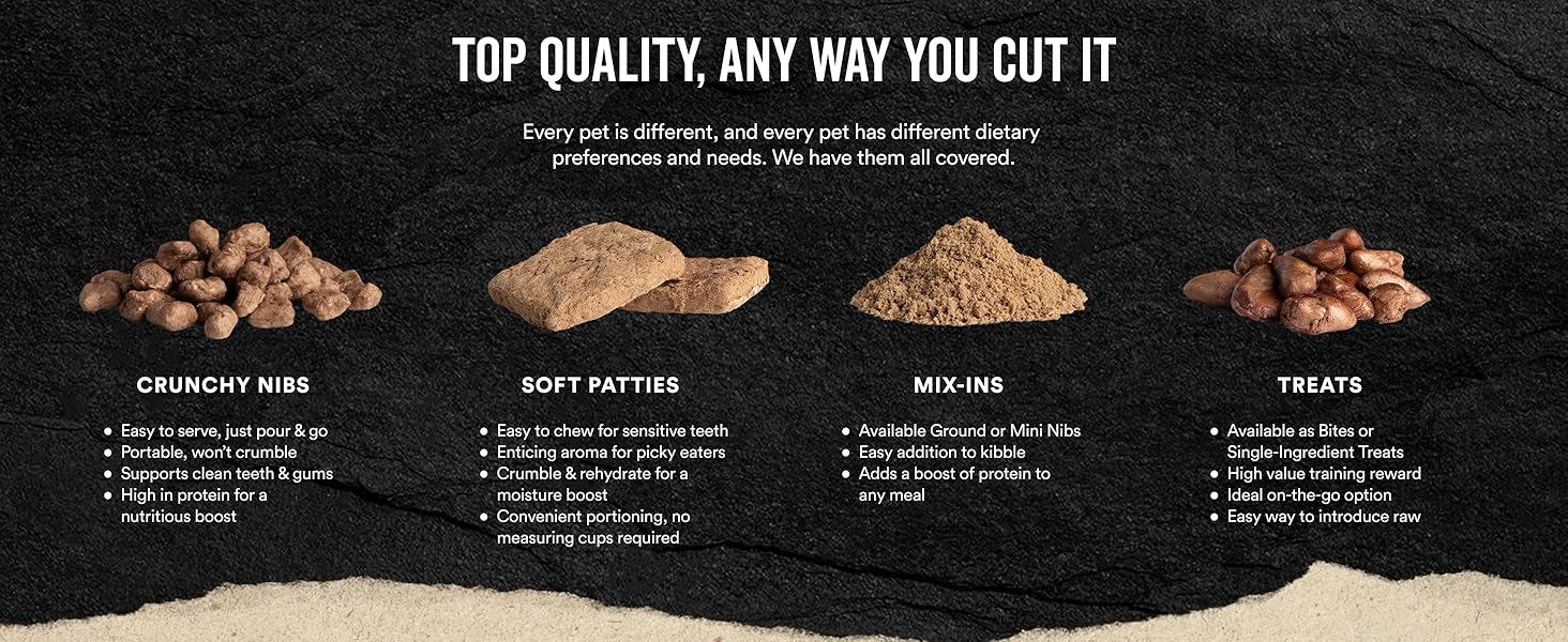 multiple types of food offered, including mix ins, crunchy nibs, treats, and soft patties