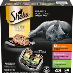 Sheba Perfect Portions Wet Cat Food Cuts in Gravy Variety Pack, Roasted Chicken Entree, With Sustainable Salmon, and Tender Turkey Entree, 2.6 oz. Twin-Pack Trays (24 Count, 48 Servings)