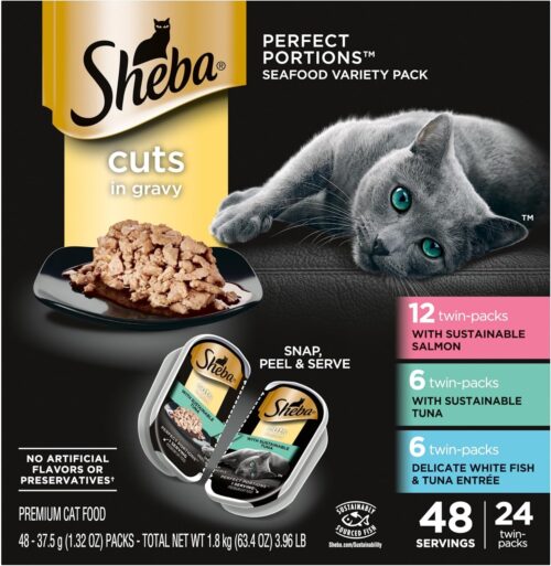 Sheba Perfect Portions Wet Cat Food Cuts in Gravy Variety Pack, Roasted Chicken Entree, With Sustainable Salmon, and Tender Turkey Entree, 2.6 oz. Twin-Pack Trays (24 Count, 48 Servings) - Image 21