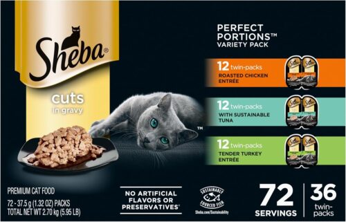 Sheba Perfect Portions Wet Cat Food Cuts in Gravy Variety Pack, Roasted Chicken Entree, With Sustainable Salmon, and Tender Turkey Entree, 2.6 oz. Twin-Pack Trays (24 Count, 48 Servings) - Image 67