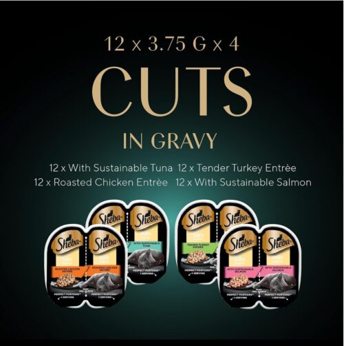 Sheba Perfect Portions Wet Cat Food Cuts in Gravy Variety Pack, Roasted Chicken Entree, With Sustainable Salmon, and Tender Turkey Entree, 2.6 oz. Twin-Pack Trays (24 Count, 48 Servings) - Image 89