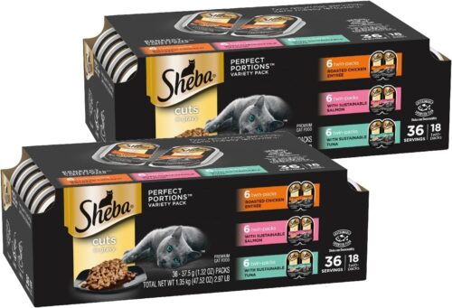 Sheba Perfect Portions Wet Cat Food Cuts in Gravy Variety Pack, Roasted Chicken Entree, With Sustainable Salmon, and Tender Turkey Entree, 2.6 oz. Twin-Pack Trays (24 Count, 48 Servings) - Image 95
