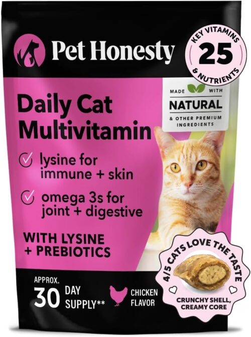Pet Honesty Cat Multivitamin Crunchy & Creamy Chews - Cat Treats for Health + Immune, Joint Support, Skin & Coat, & Digestion - Vitamins with Omega 3s, Lysine & Probiotics (30 Day Supply)