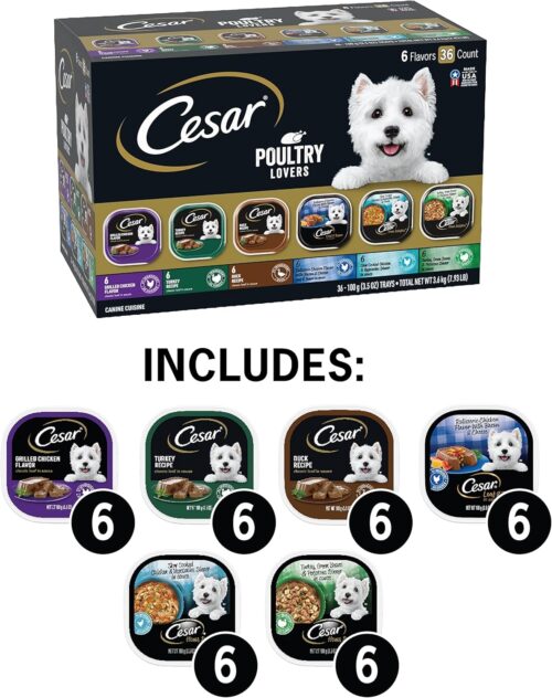 CESAR Adult Wet Dog Food Classic Loaf in Sauce Grilled Chicken, Filet Mignon, Porterhouse Steak, Beef, Chicken & Liver and Turkey Variety Pack, 3.5 oz. Easy Peel Trays, Pack of 36 - Image 120