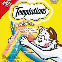 Temptations Creamy Puree with Chicken, Salmon, and Tuna Variety Pack of Lickable, Squeezable Cat Treats, 0.425 Oz Pouches, 24 Count