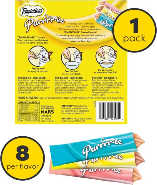 Temptations Creamy Puree with Chicken, Salmon, and Tuna Variety Pack of Lickable, Squeezable Cat Treats, 0.425 Oz Pouches, 24 Count - Image 2