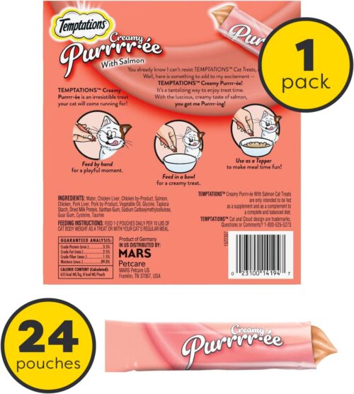 Temptations Creamy Puree with Chicken, Salmon, and Tuna Variety Pack of Lickable, Squeezable Cat Treats, 0.425 Oz Pouches, 24 Count - Image 15