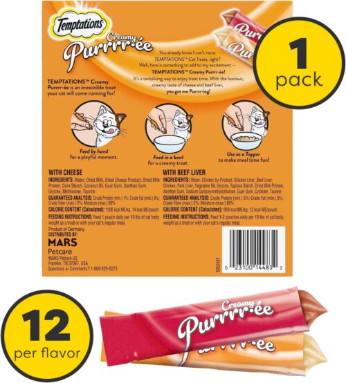 Temptations Creamy Puree with Chicken, Salmon, and Tuna Variety Pack of Lickable, Squeezable Cat Treats, 0.425 Oz Pouches, 24 Count - Image 37