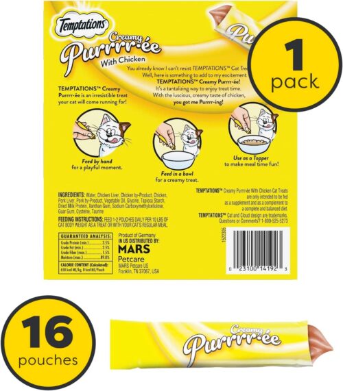 Temptations Creamy Puree with Chicken, Salmon, and Tuna Variety Pack of Lickable, Squeezable Cat Treats, 0.425 Oz Pouches, 24 Count - Image 48