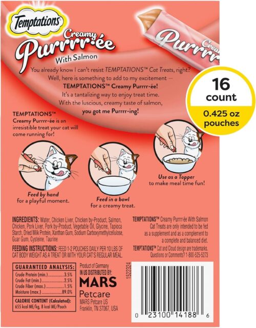 Temptations Creamy Puree with Chicken, Salmon, and Tuna Variety Pack of Lickable, Squeezable Cat Treats, 0.425 Oz Pouches, 24 Count - Image 63