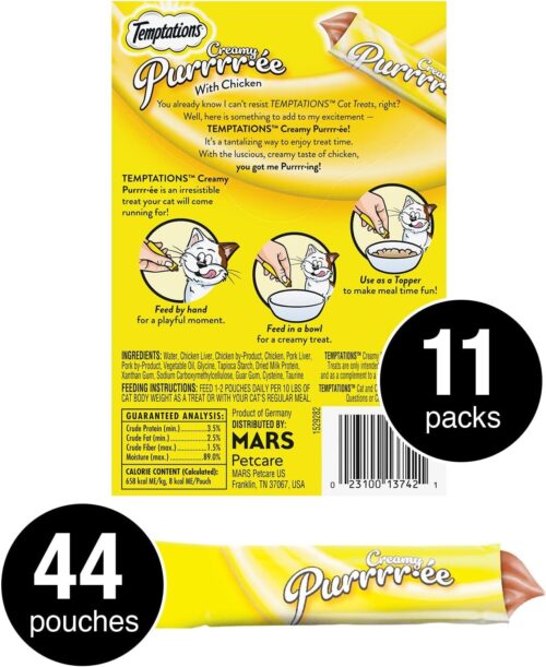 Temptations Creamy Puree with Chicken, Salmon, and Tuna Variety Pack of Lickable, Squeezable Cat Treats, 0.425 Oz Pouches, 24 Count - Image 81