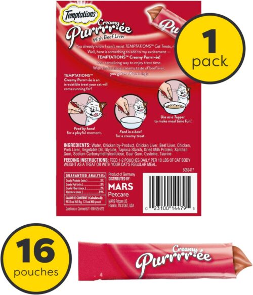 Temptations Creamy Puree with Chicken, Salmon, and Tuna Variety Pack of Lickable, Squeezable Cat Treats, 0.425 Oz Pouches, 24 Count - Image 89