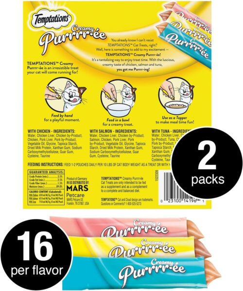 Temptations Creamy Puree with Chicken, Salmon, and Tuna Variety Pack of Lickable, Squeezable Cat Treats, 0.425 Oz Pouches, 24 Count - Image 97