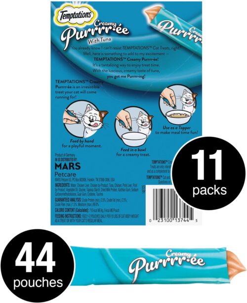 Temptations Creamy Puree with Chicken, Salmon, and Tuna Variety Pack of Lickable, Squeezable Cat Treats, 0.425 Oz Pouches, 24 Count - Image 101