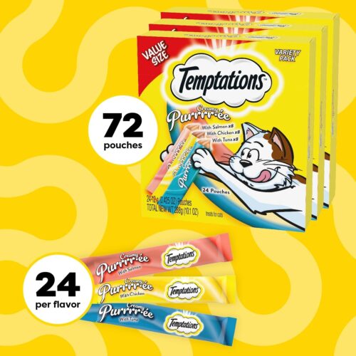 Temptations Creamy Puree with Chicken, Salmon, and Tuna Variety Pack of Lickable, Squeezable Cat Treats, 0.425 Oz Pouches, 24 Count - Image 108