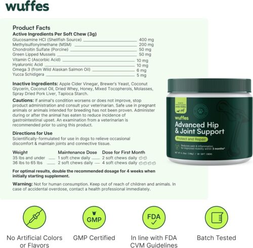 Wuffes Advanced Dog Hip and Joint Supplement with Glucosamine, Chondroitin, Omega 3, MSM, and Green Lipped Mussel, 60 Pork Flavored Chews for Small and Medium Dog Breeds - Image 6