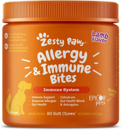 Zesty Paws Dog Allergy Relief- Dog Itching Skin Relief- Dog Probiotics for Itchy Skin and Itchy Ears- Dog Allergy Paw Relief- Dog Allergy Chews- Dog Itch Relief - Dog Skin Allergy Relief - Lamb - 90ct