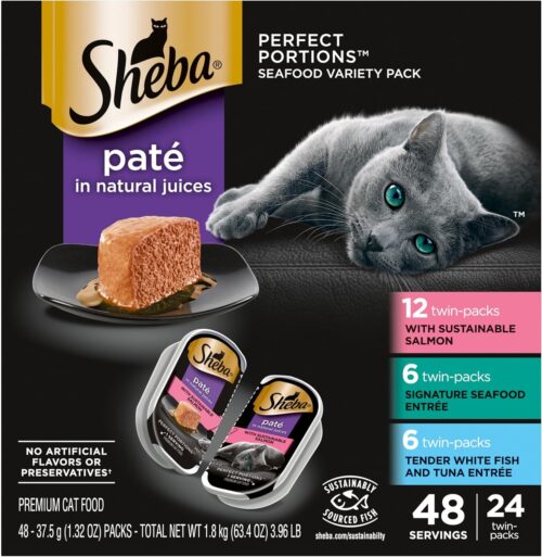 Sheba Perfect Portions Wet Cat Food Pate With Sustainable Salmon, Signature Seafood Entree, and Tender White Fish and Tuna Entree Variety Pack, 2.6 oz. Twin Pack Trays (24 Count, 48 Servings)