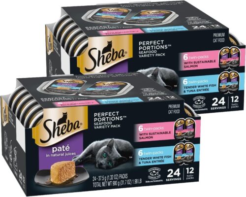 Sheba Perfect Portions Wet Cat Food Pate With Sustainable Salmon, Signature Seafood Entree, and Tender White Fish and Tuna Entree Variety Pack, 2.6 oz. Twin Pack Trays (24 Count, 48 Servings) - Image 74