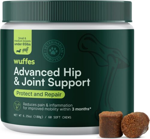 Wuffes Advanced Dog Hip and Joint Supplement with Glucosamine, Chondroitin, Omega 3, MSM, and Green Lipped Mussel, 60 Pork Flavored Chews for Small and Medium Dog Breeds