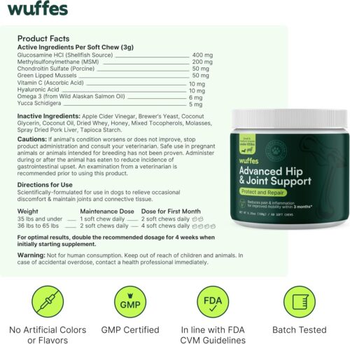 Wuffes Advanced Dog Hip and Joint Supplement with Glucosamine, Chondroitin, Omega 3, MSM, and Green Lipped Mussel, 60 Pork Flavored Chews for Small and Medium Dog Breeds - Image 13