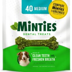 Minties Dental Chews for Dogs, 40 Count, Vet-Recommended Mint-Flavored Dental Treats for Medium Dogs 25-50 lbs, Dental Bones Clean Teeth, Fight Bad Breath, and Removes Plaque and Tartar